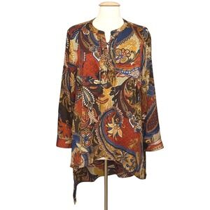 Chicos Womens Top 2 Large Retro Paisley‎ Asymmetrical Tunic Boho Chic